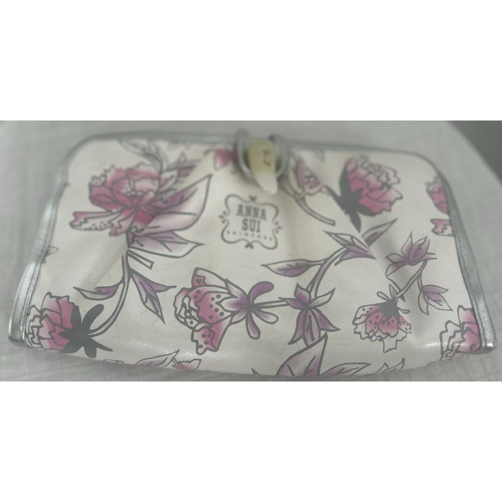 Vintage New Anna Sui Pouch Makeup Bag Case 9”x5” Floral Multi Compartment Purple